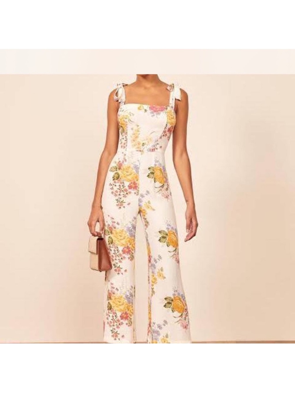 Reformation White Floral Tie-Strap Wide-Leg Jumpsuit